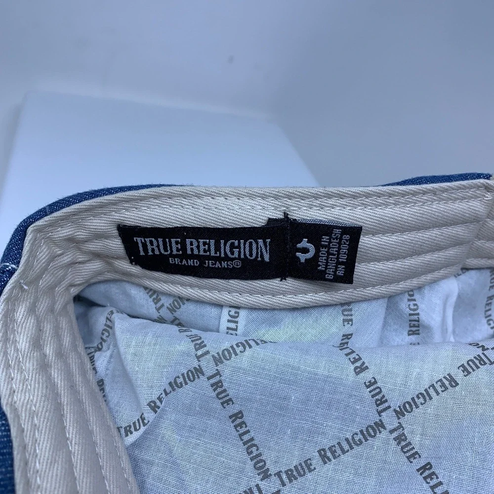 True Religion Mens OS Blue Denim Horseshoe Logo Newsboy Flat Cap Hat